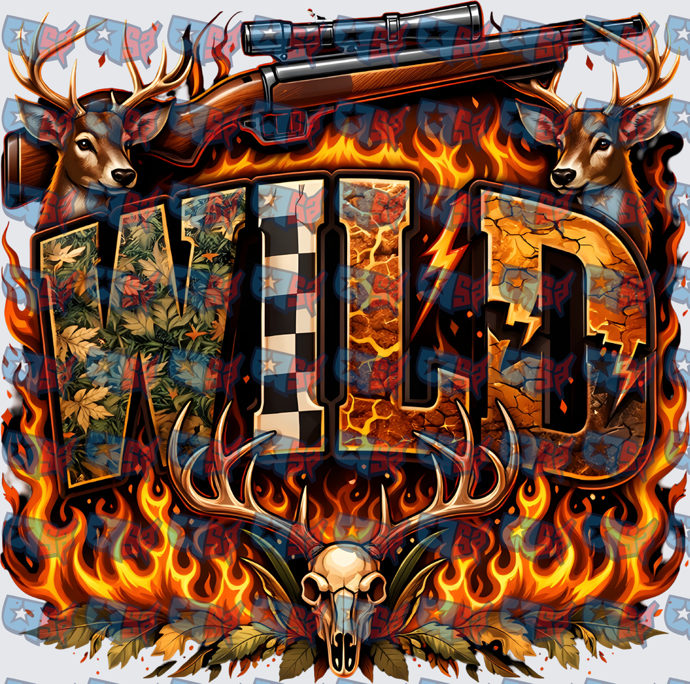 Wild Deer Buck Skull Rifle Flames Hunting Design (DTF)