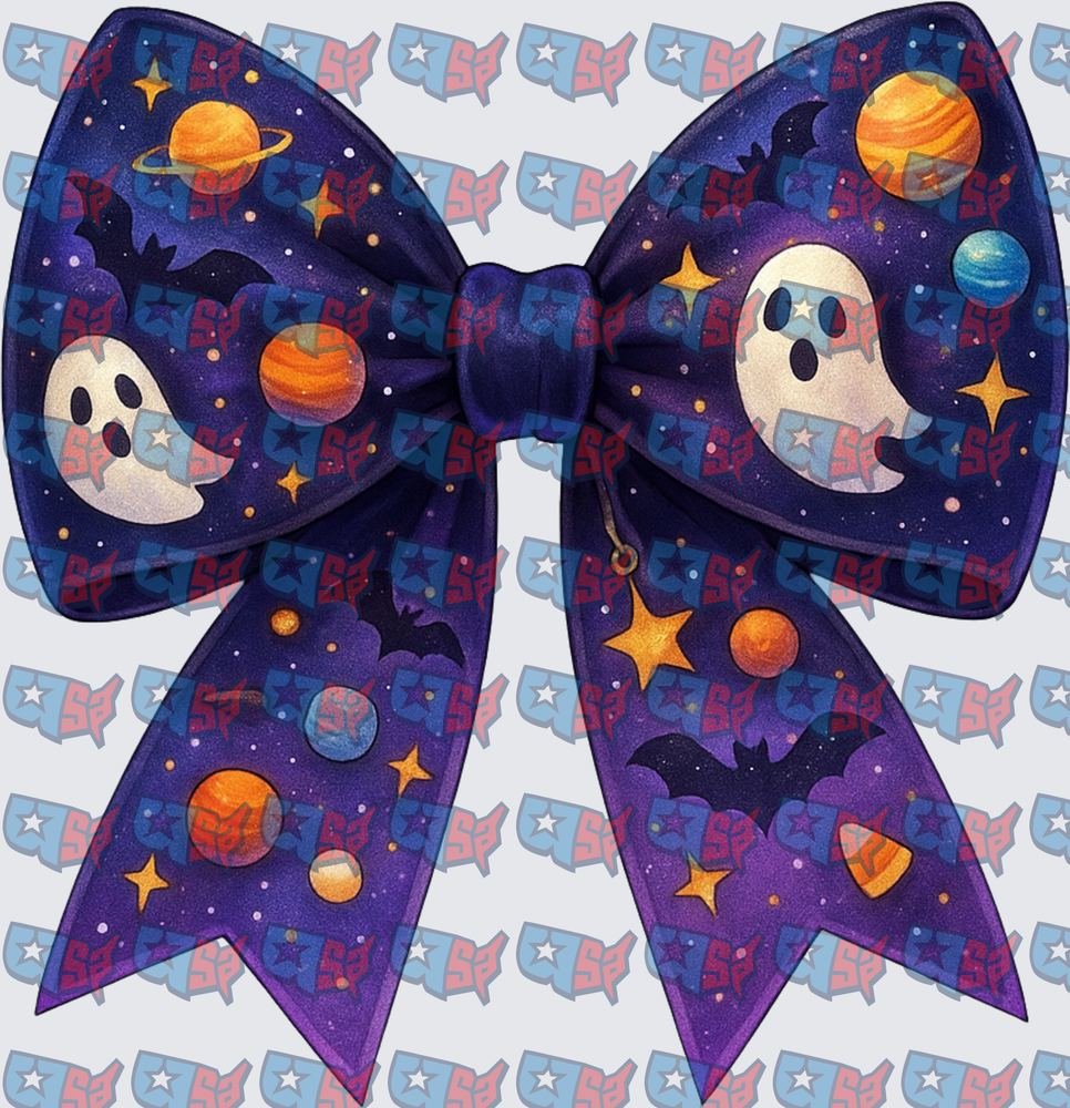 Halloween Galaxy Bow With Ghosts Bats Planets (DTF)