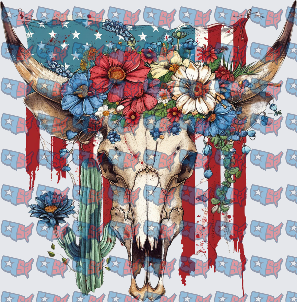 Patriotic Bull Skull Floral American Flag Western (DTF)