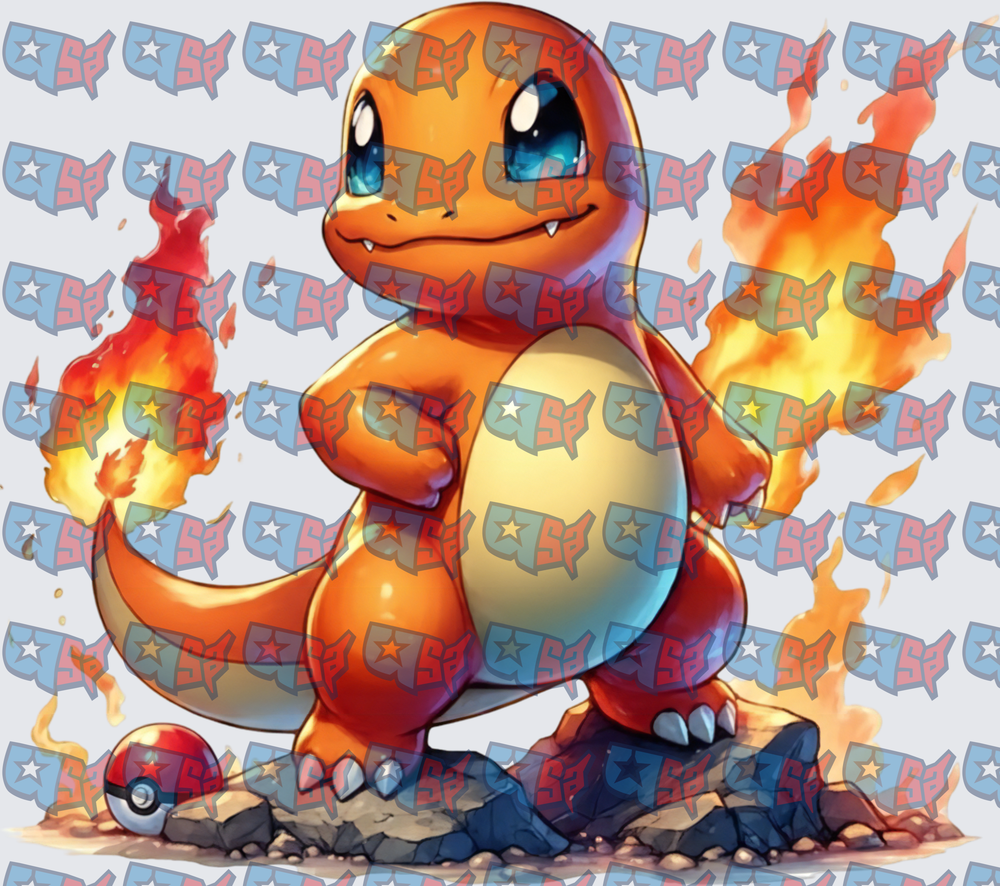 Fiery Orange Lizard Pokemon With Flames And Pokeball (DTF)