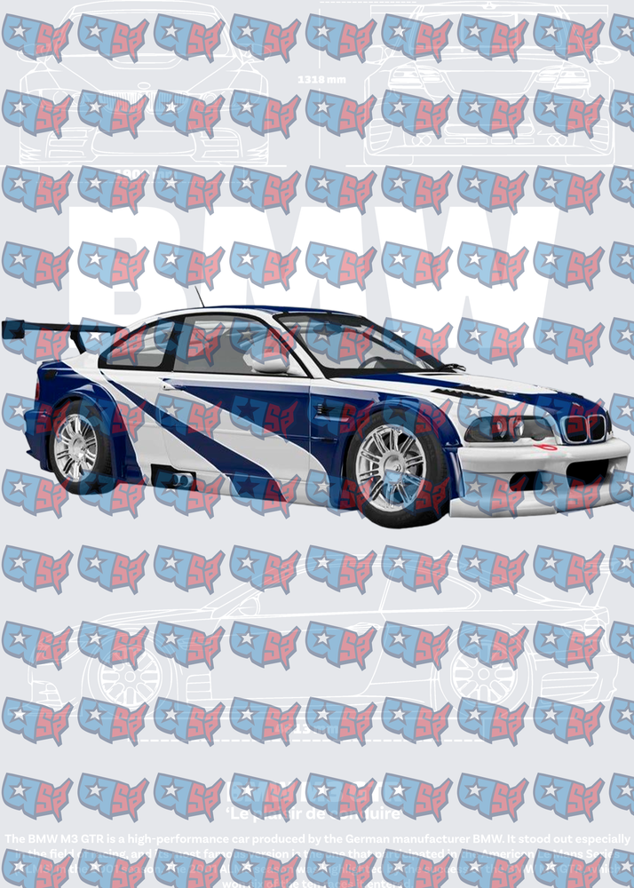Blue White Race Car GTR Blueprint Design (DTF)