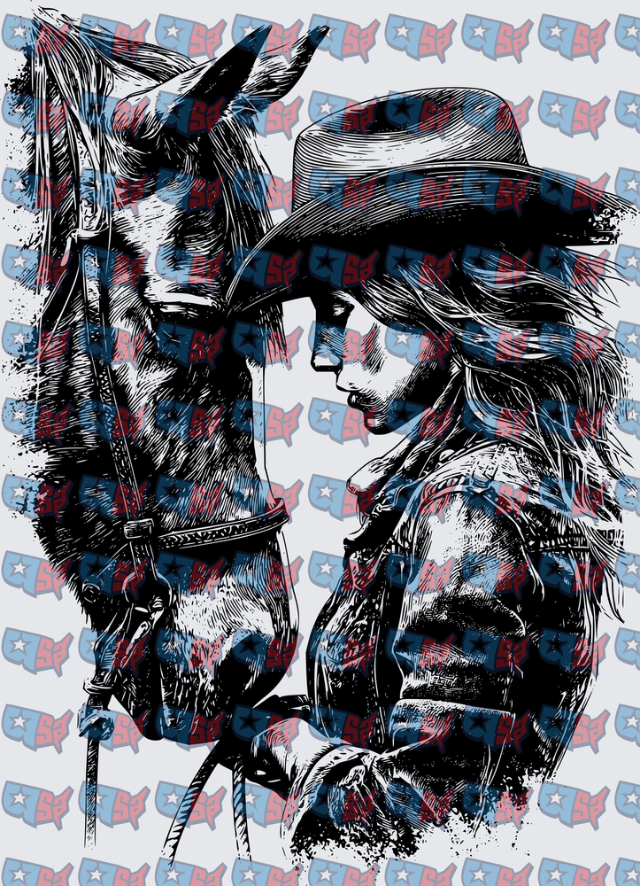 Cowgirl With Horse Sketch Illustration (DTF)