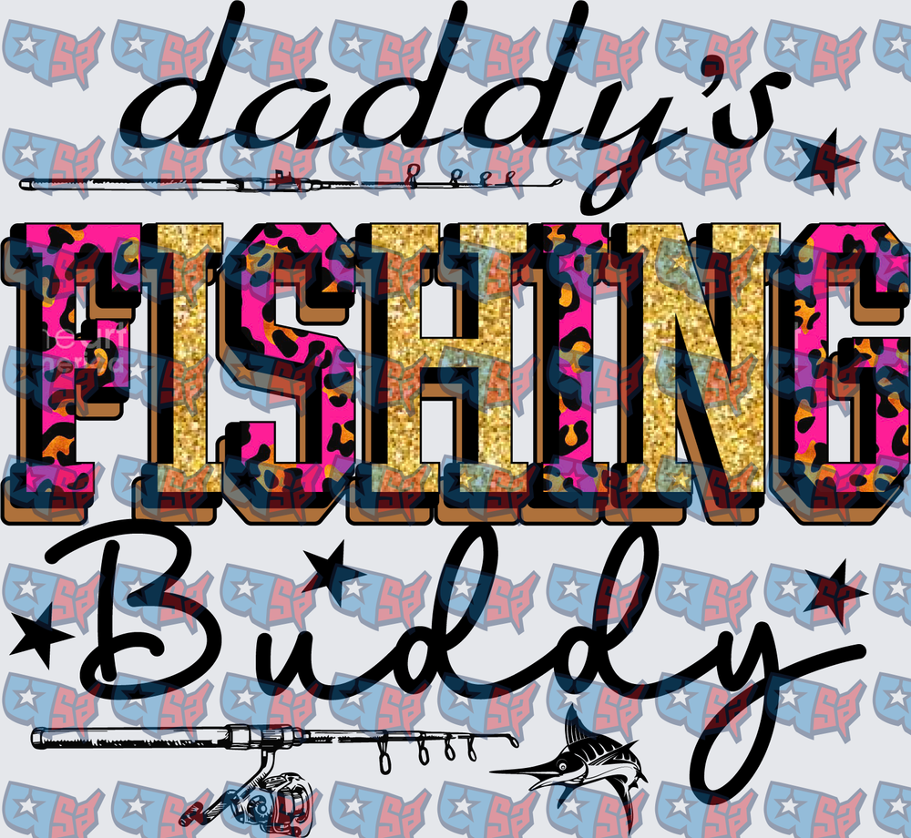 Daddy's Fishing Buddy Leopard Glitter Script Design (DTF)