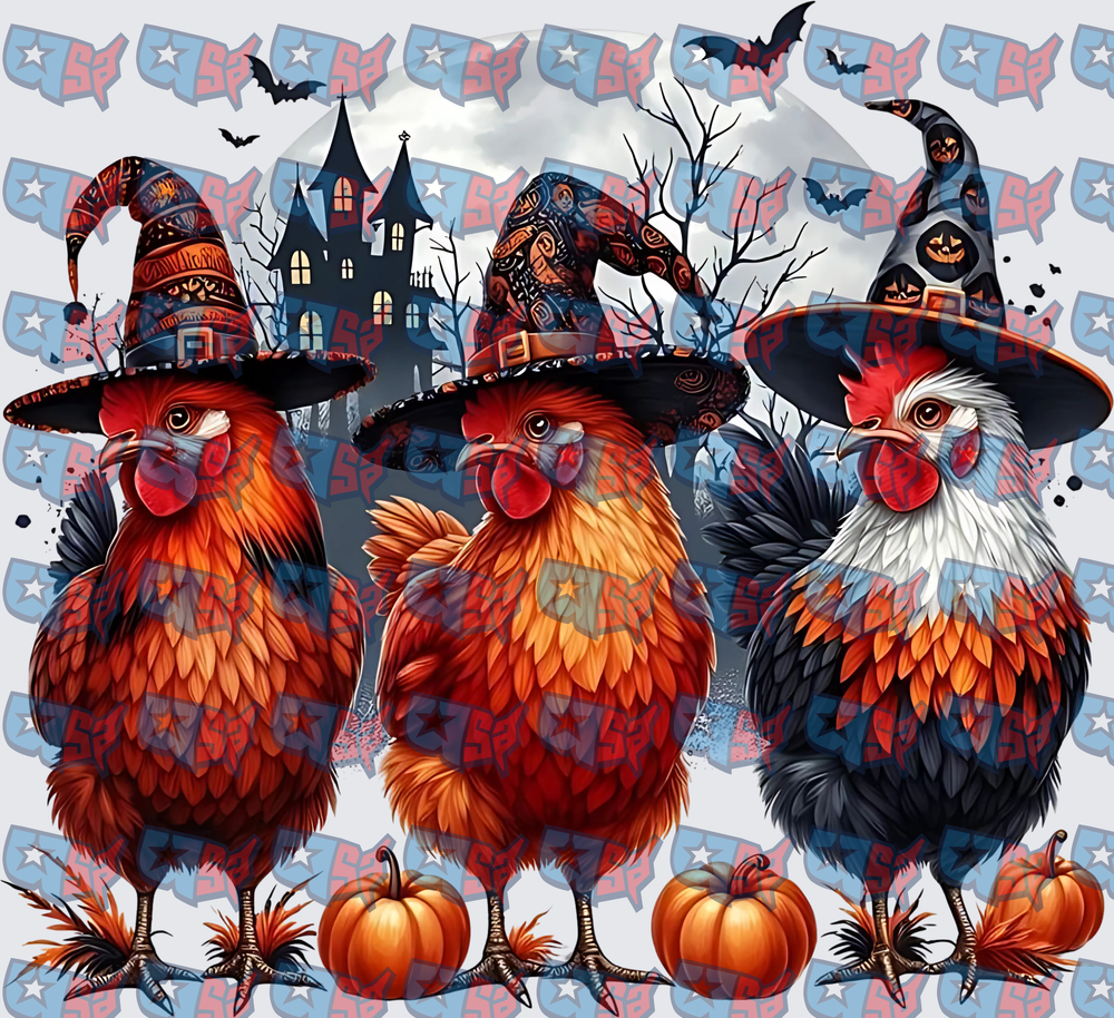 Three Halloween Witch Hat Chickens With Pumpkins (DTF)