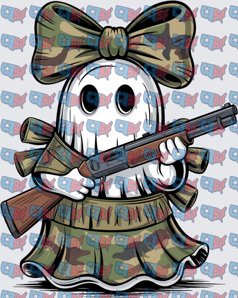 Camo Ghost Girl Holding Shotgun With Bow (DTF)