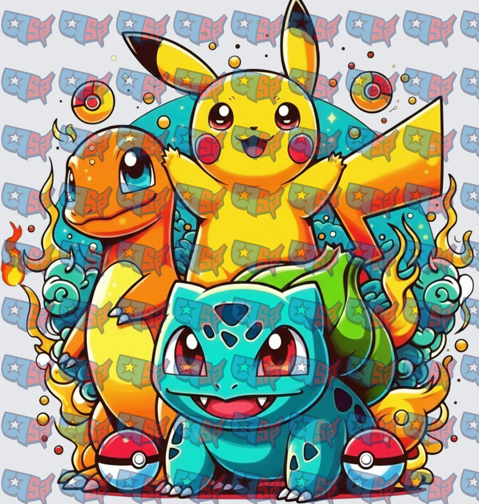 Pikachu Charmander Bulbasaur Trio With Pokeballs (DTF)
