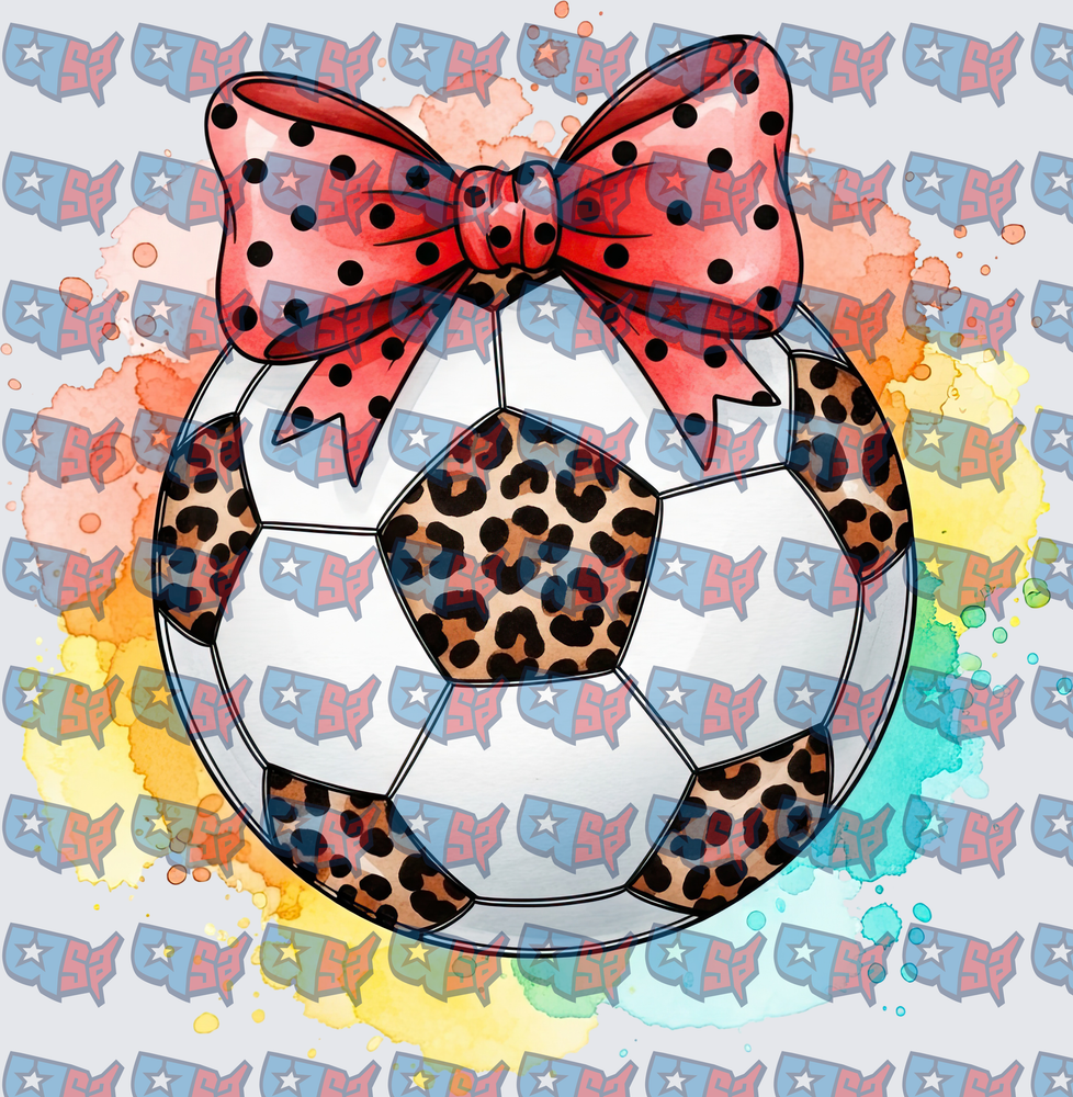 Leopard Print Soccer Ball Red Polka Dot Bow Watercolor (DTF)