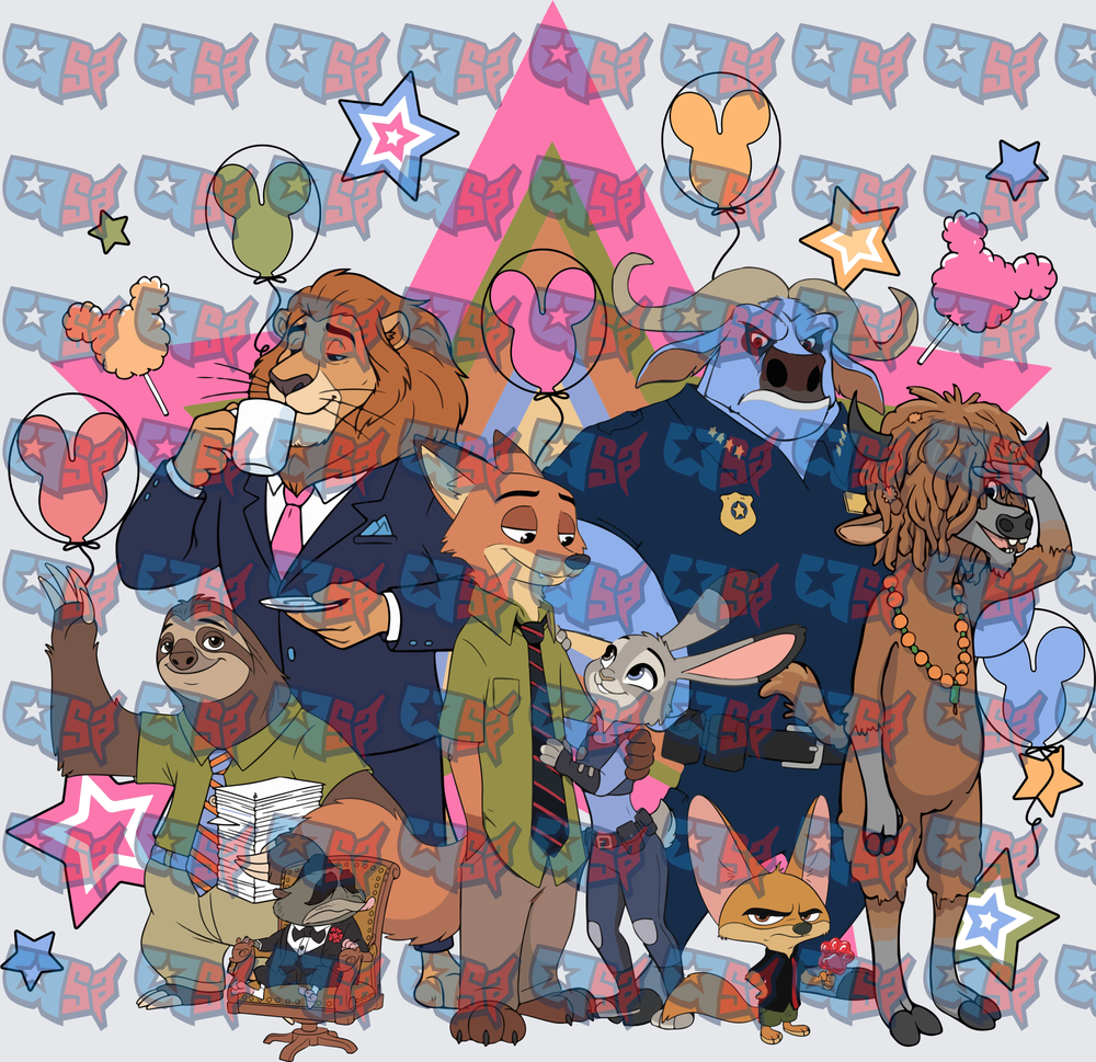 Zootopia Character Group Scene with Balloons and Stars (DTF)