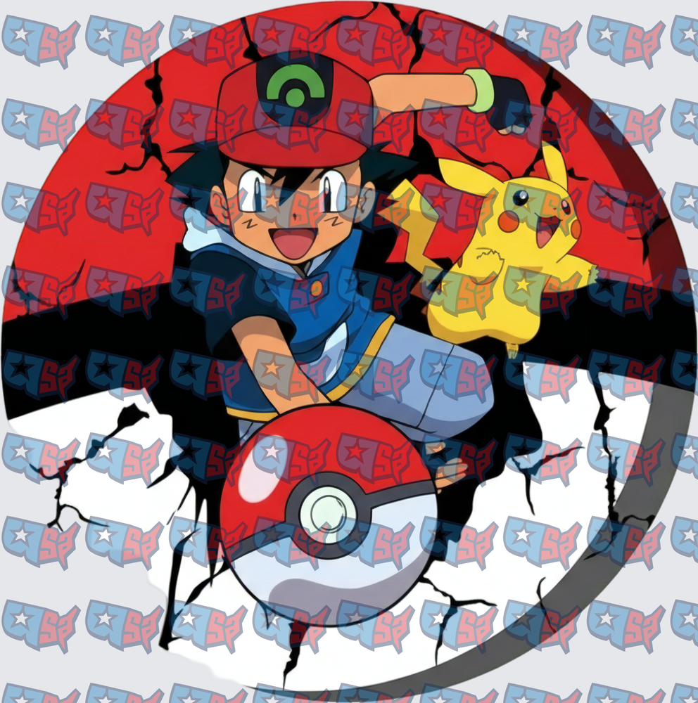 Ash Ketchum and Pikachu Cracked Pokeball Circle (DTF)