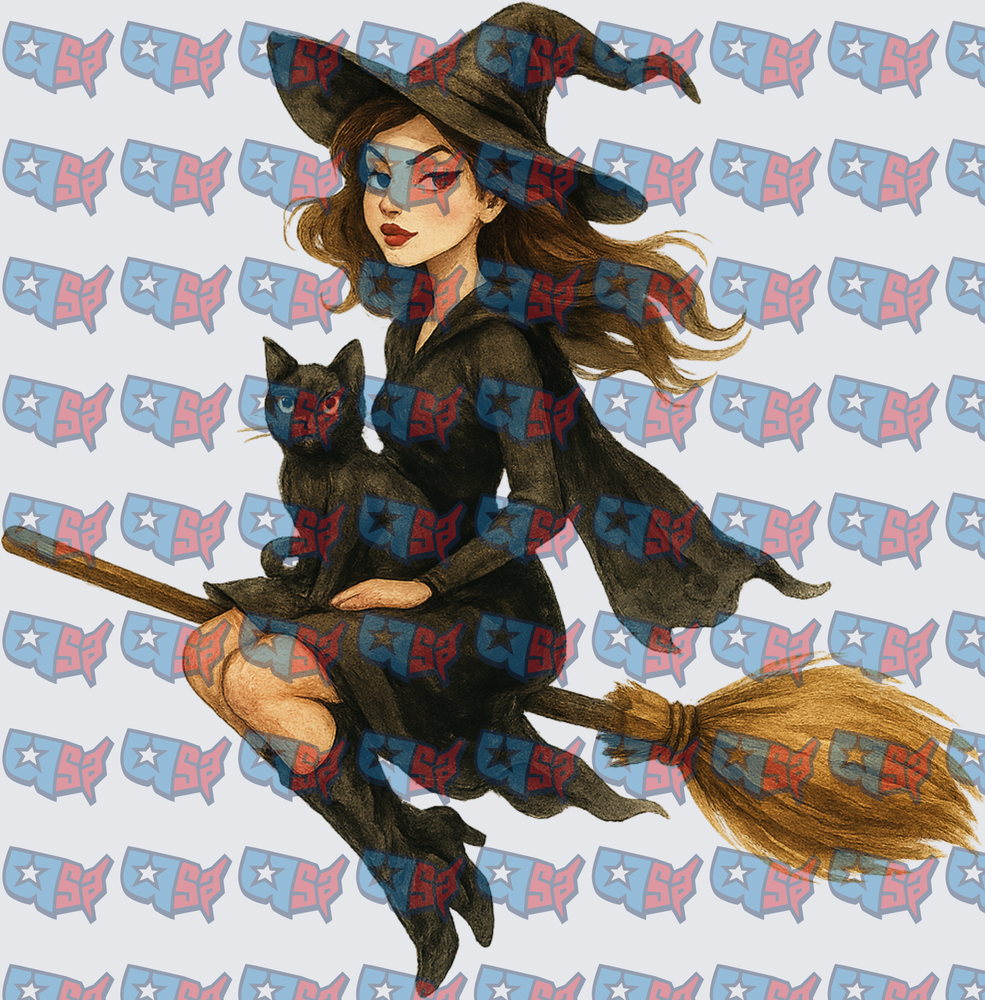 Witch Riding Broomstick With Black Cat (DTF)