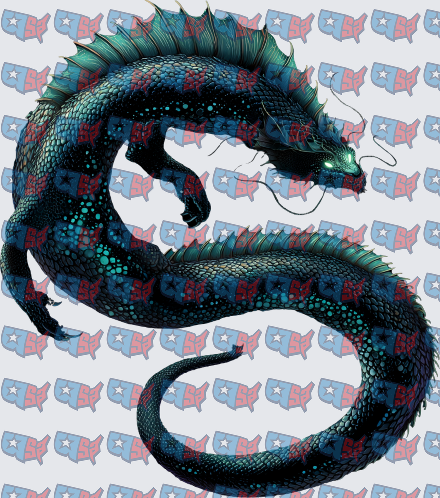 Coiled Teal Eastern Dragon Glowing Eyes (DTF)