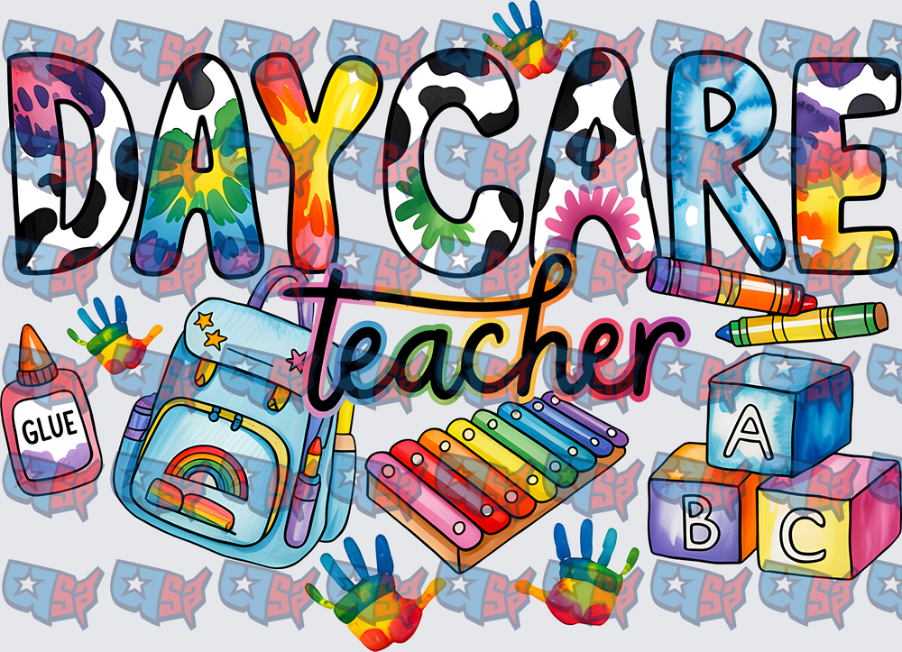 Daycare Teacher Tie Dye Colorful School Supplies (DTF)