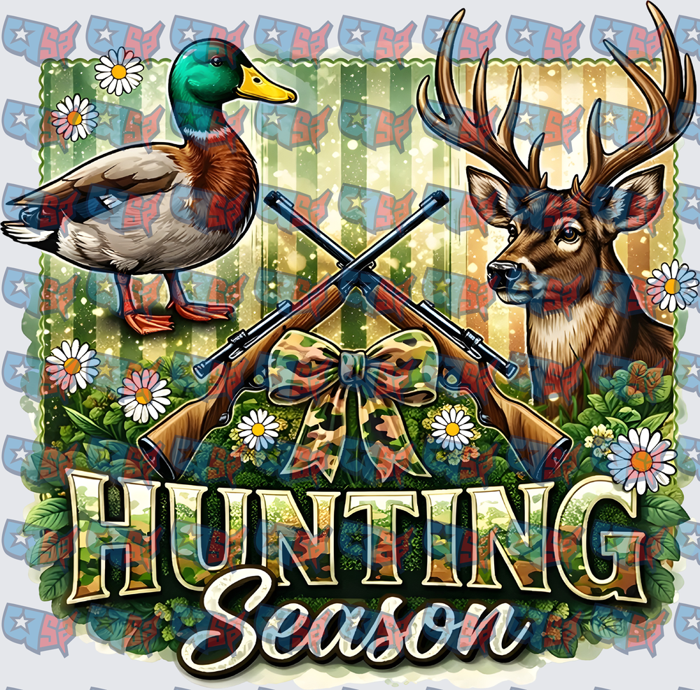Hunting Season Mallard Duck Buck Deer Crossed Rifles Camo Bow (DTF)