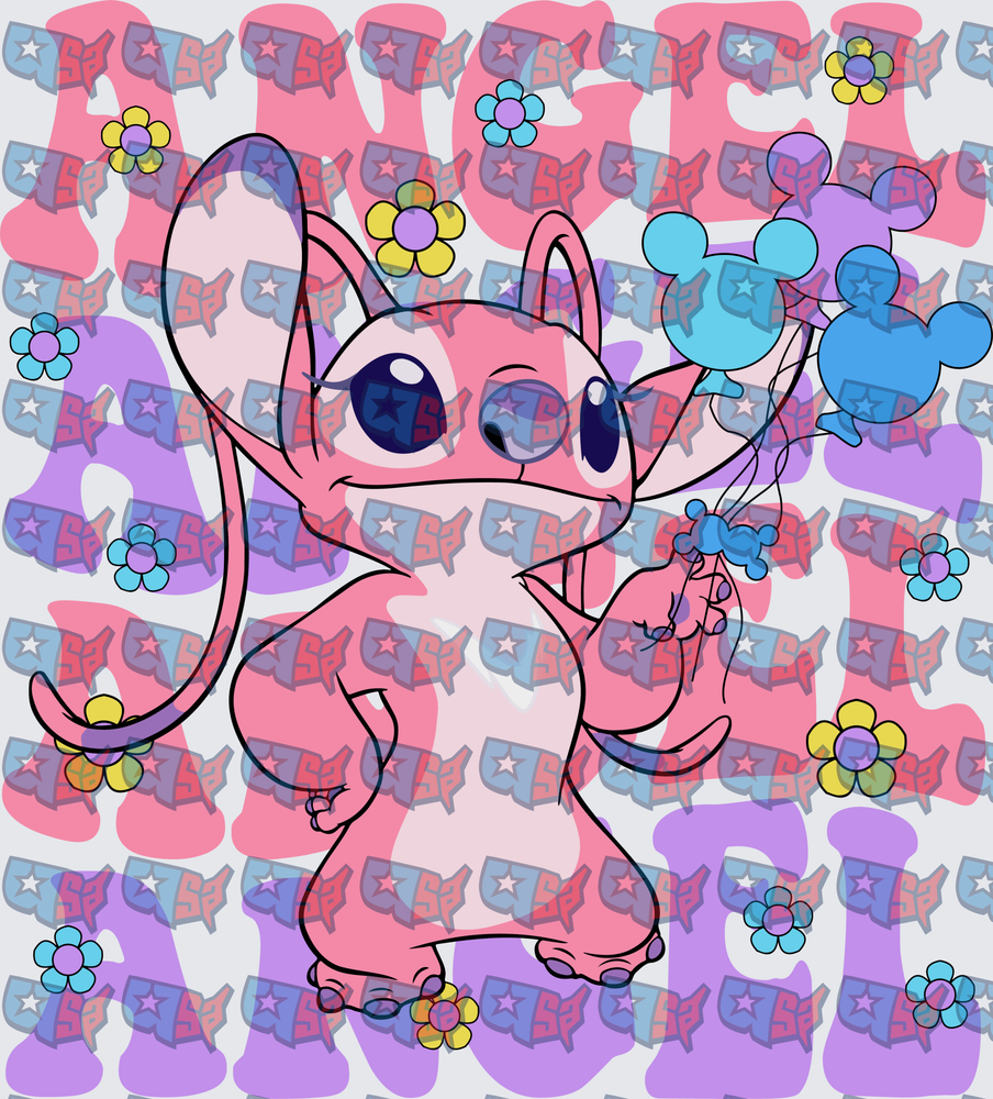 Angel Pink Alien with Mickey Balloons and Flowers (DTF)