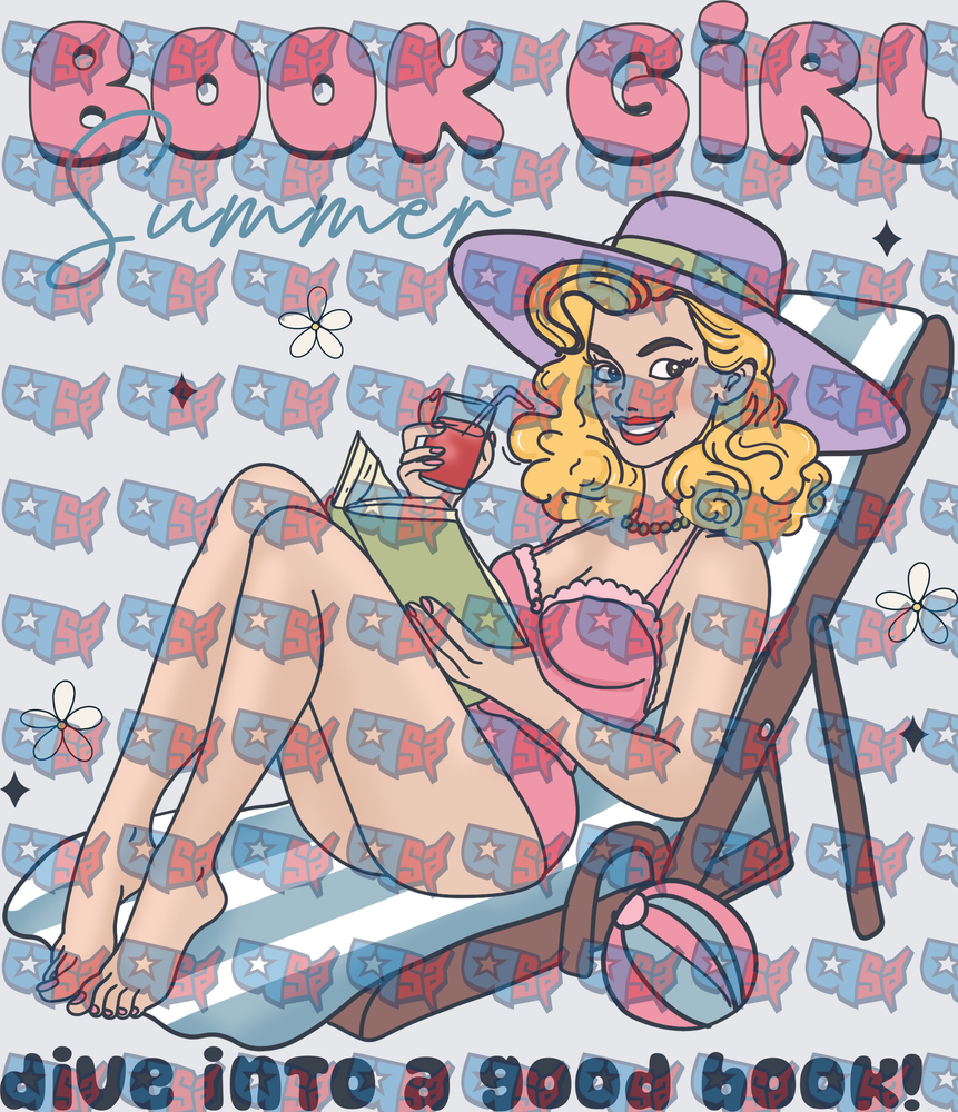 Book Girl Summer Retro Pin-Up Reading Beach (DTF)