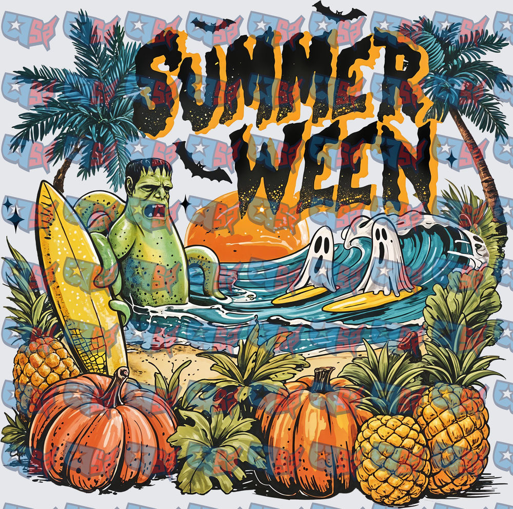 Summerween Beach Monster Surfing Ghost Halloween Mashup (DTF)
