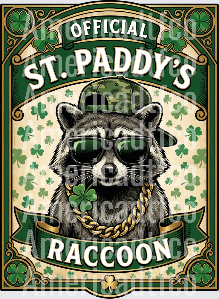 Official St. Paddy's Day Cool Raccoon With Shamrocks (DTF)