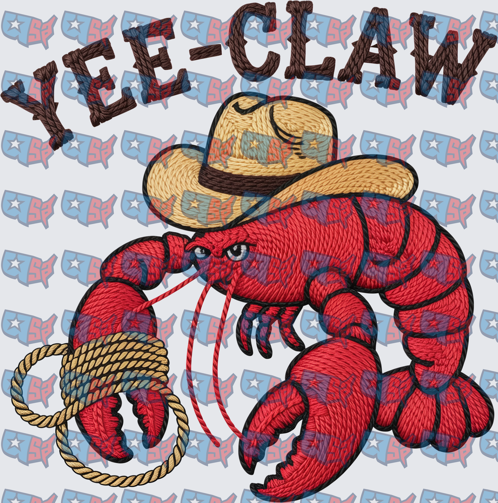 Yee-Claw Cowboy Crawfish With Lasso Embroidery Style (DTF)