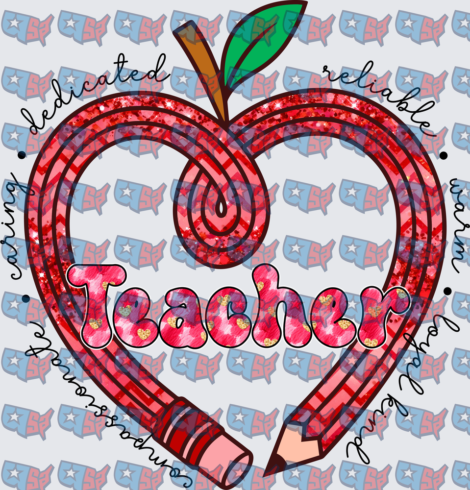 Glitter Apple Pencil Heart Teacher Design (DTF)