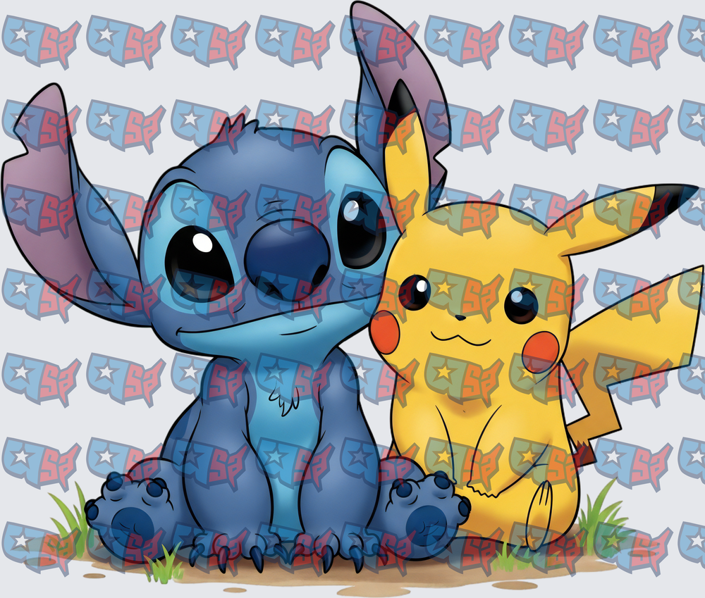 Stitch and Pikachu Cute Friends Sitting Together (DTF)