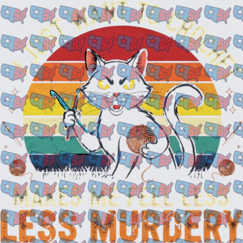 Angry Cat Crocheting Less Murdery Retro Sunset (DTF)