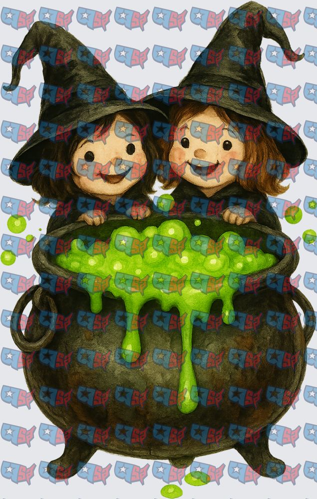Two Cute Witch Girls Bubbling Green Cauldron (DTF)