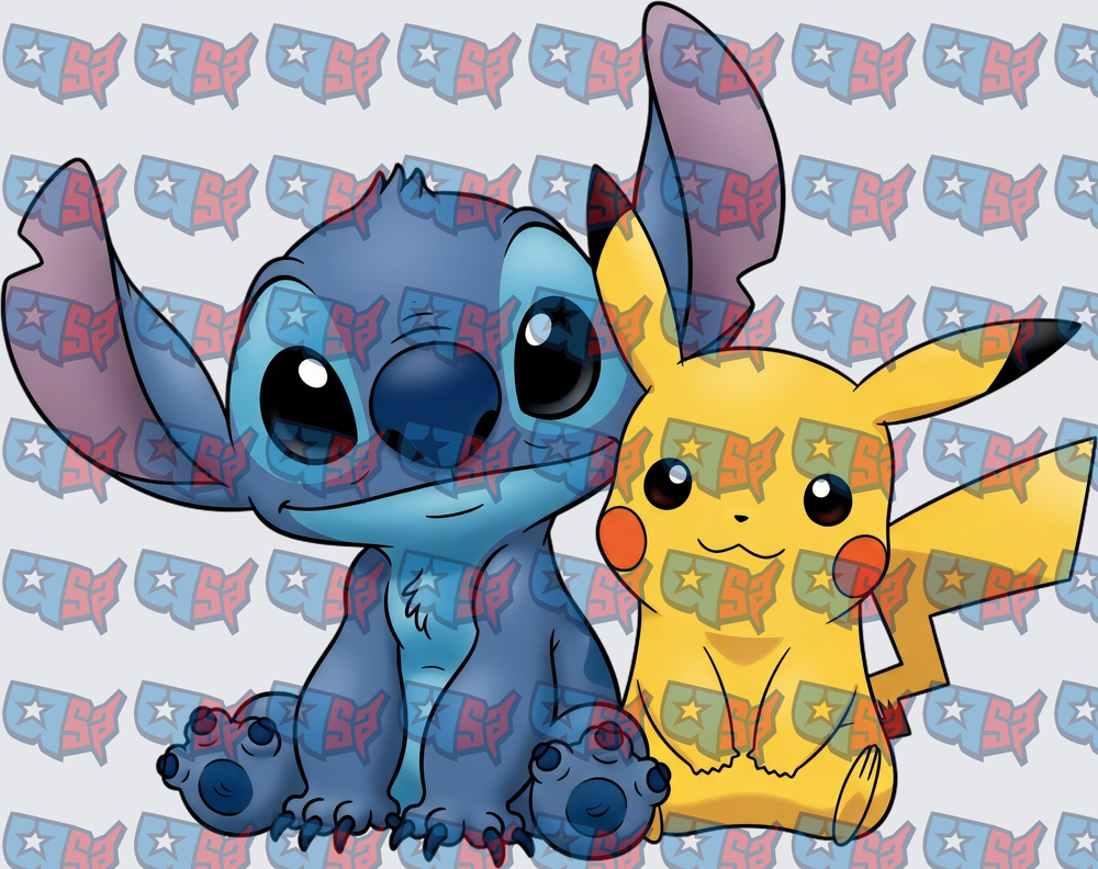 Cute Blue Alien and Yellow Electric Mouse Duo (DTF)