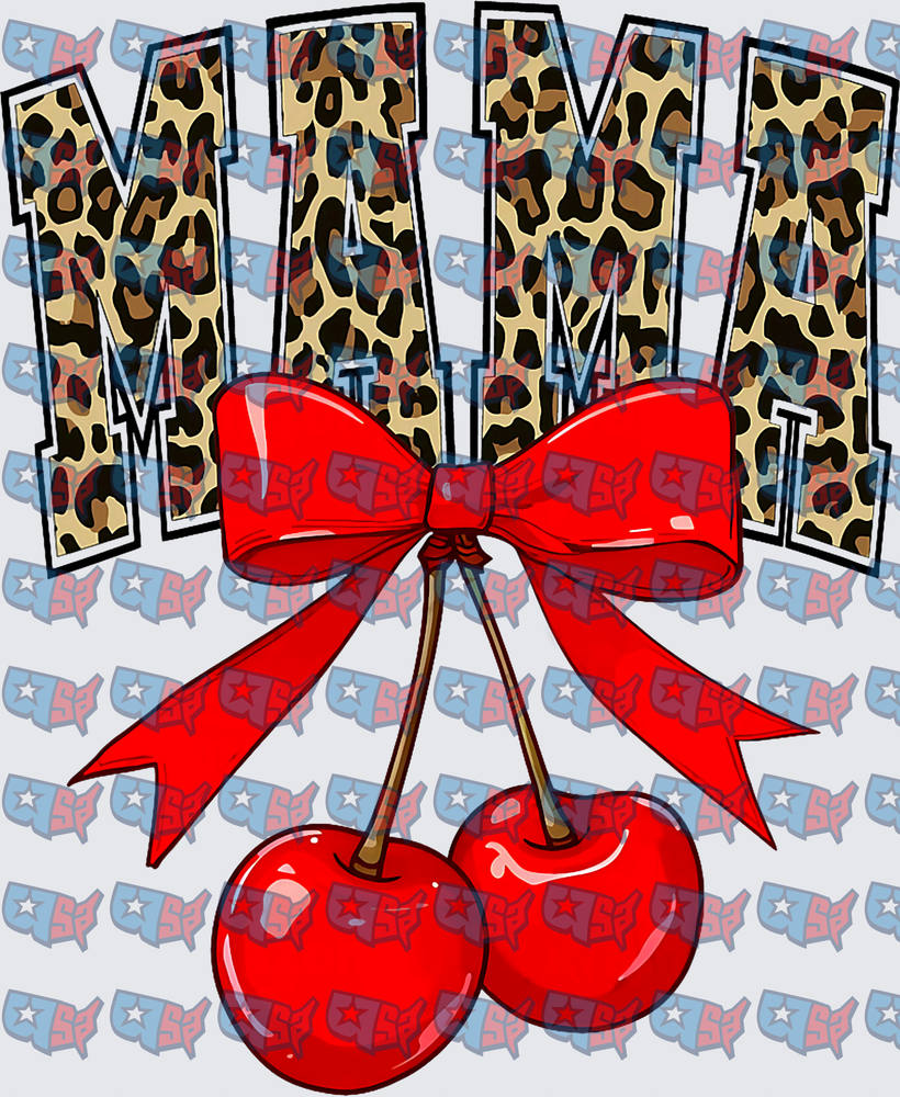Leopard Print Mama Cherries Red Bow (DTF)