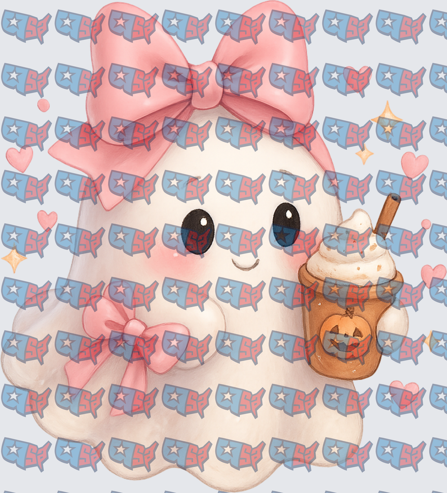 Cute Ghost Girl Pink Bow Pumpkin Spice Latte (DTF)