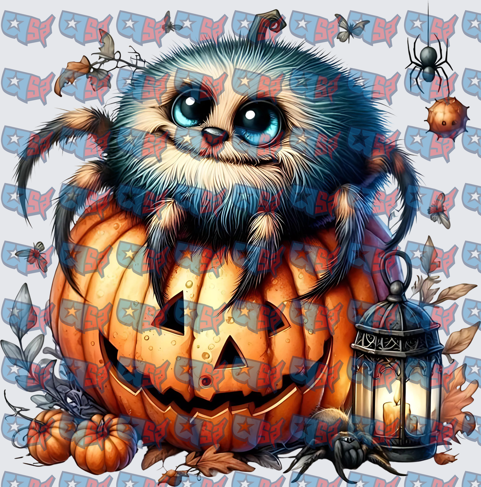 Cute Fluffy Spider On Halloween Jack O Lantern (DTF)