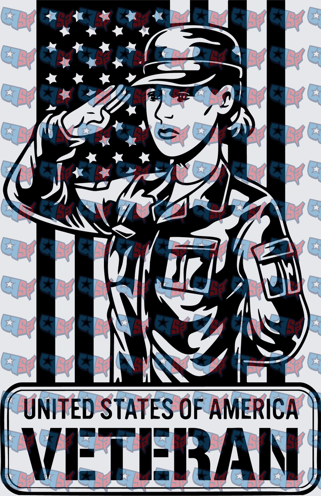 Female Soldier Saluting USA Veteran American Flag (DTF)