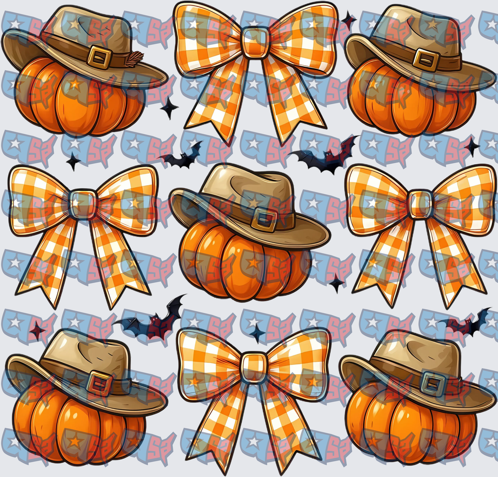 Fall Pumpkins Pilgrim Hats Buffalo Plaid Bows (DTF)