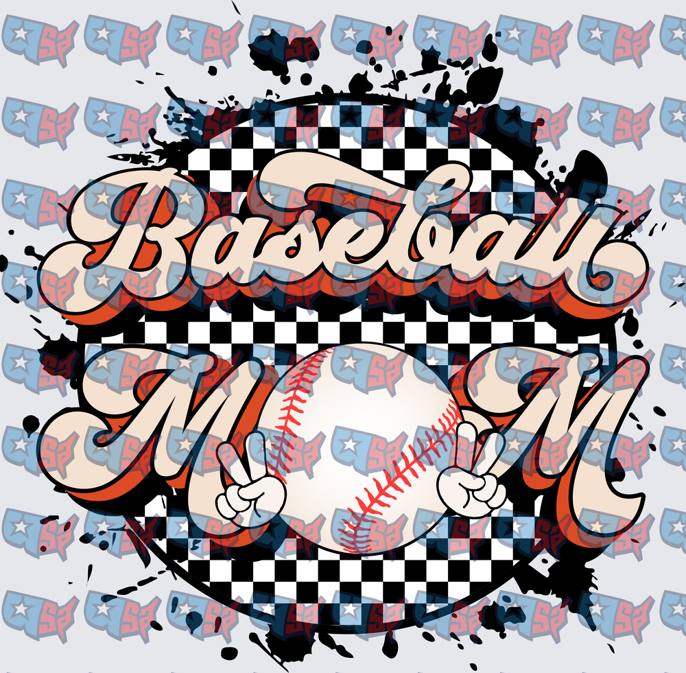 Retro Checkered Baseball Mom Peace Sign Design (DTF)