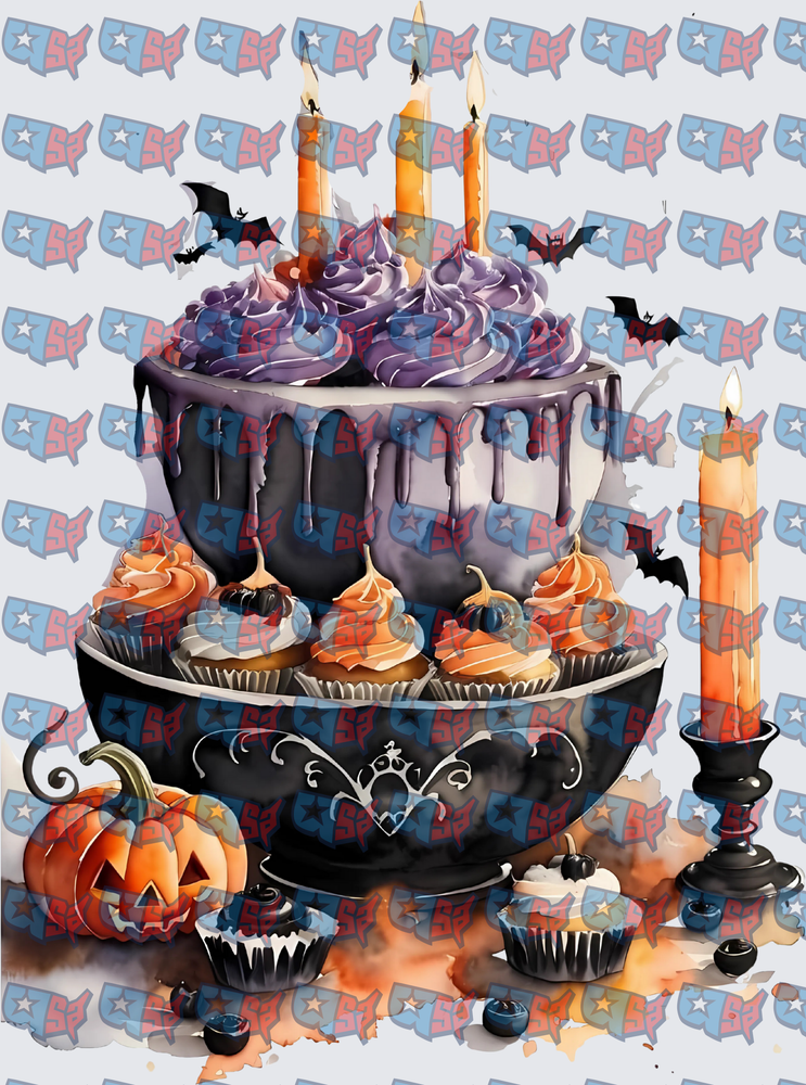 Halloween Tiered Cake Cupcakes Bats Pumpkin Candles (DTF)