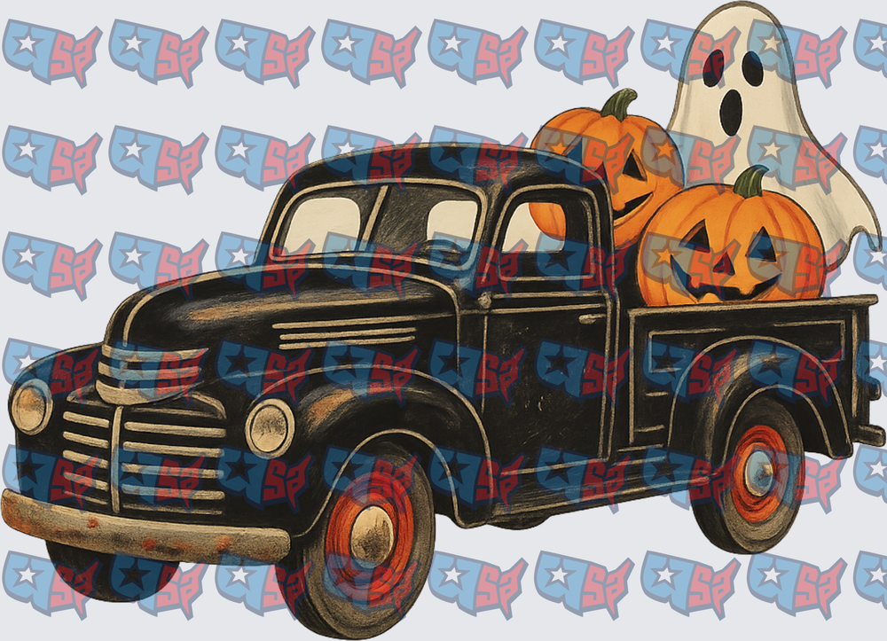 Vintage Black Truck Halloween Pumpkins Ghost (DTF)