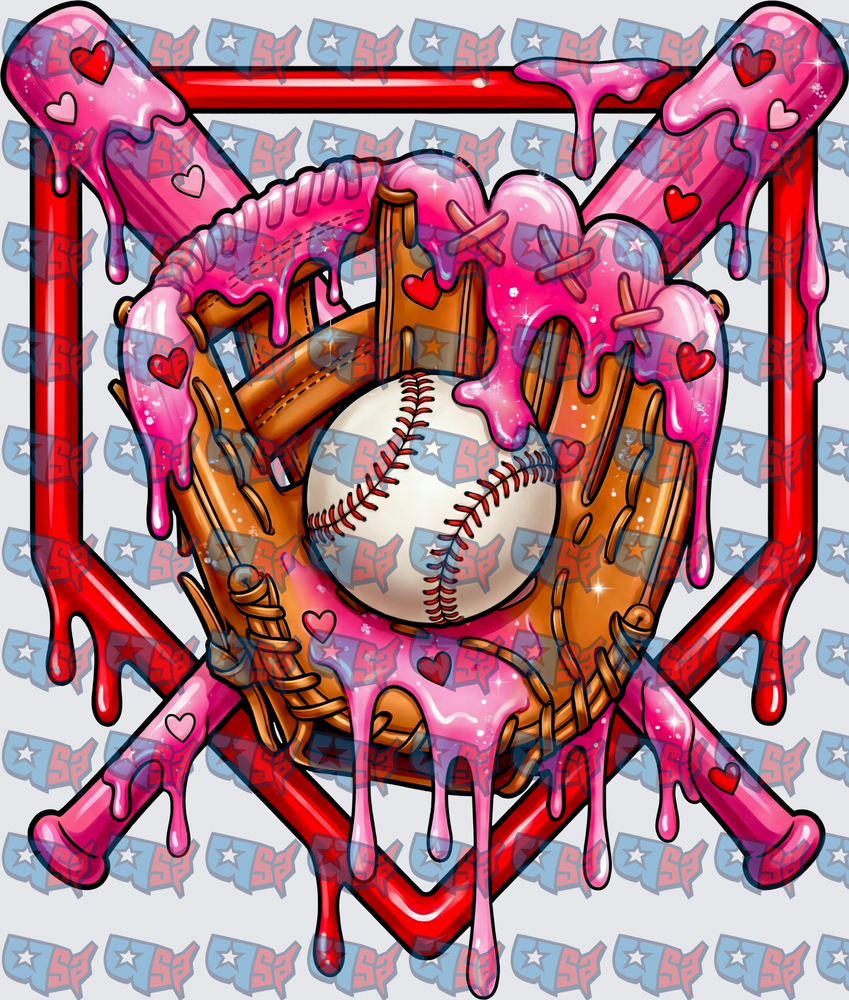 Valentine Baseball Glove Crossed Bats Drip Hearts (DTF)