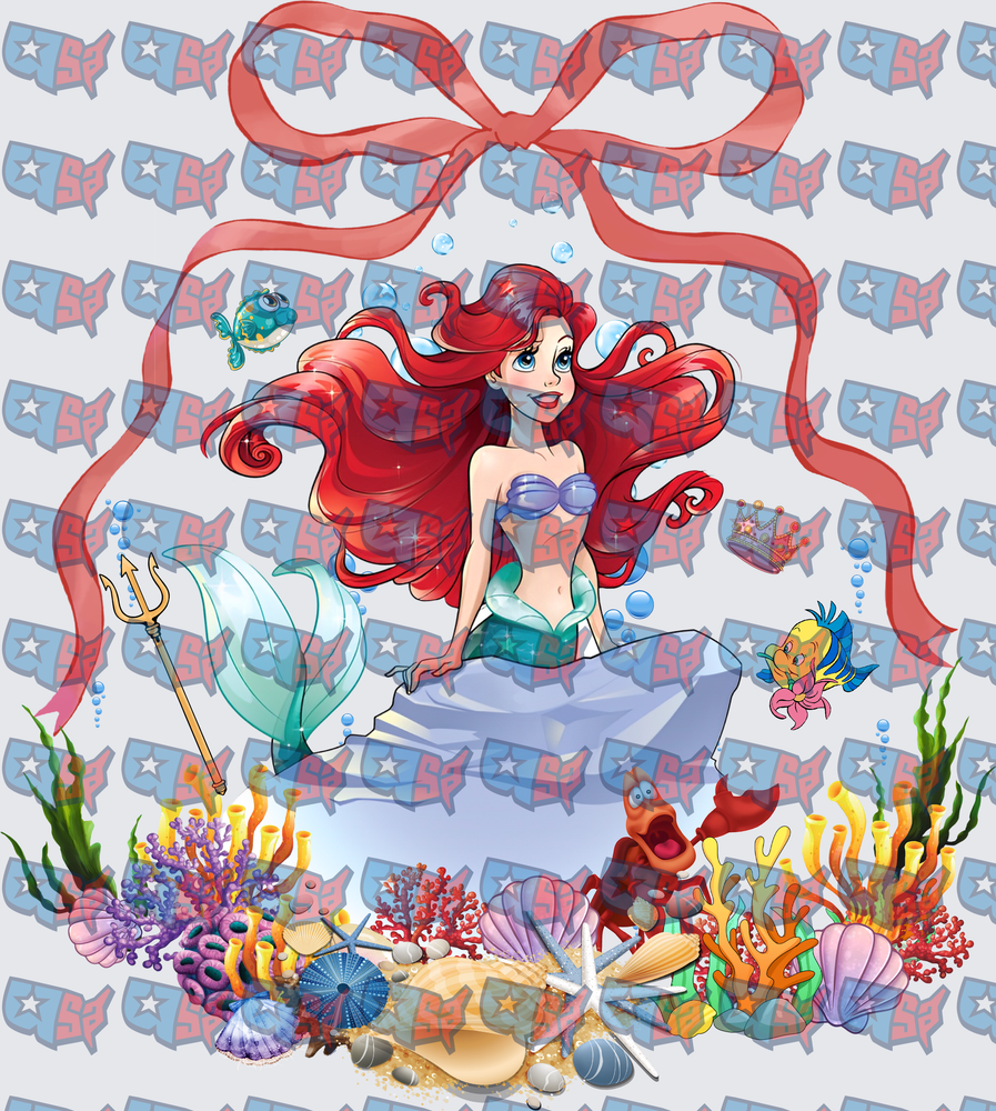 Red Hair Mermaid Princess Underwater Scene With Ribbon Bow (DTF)