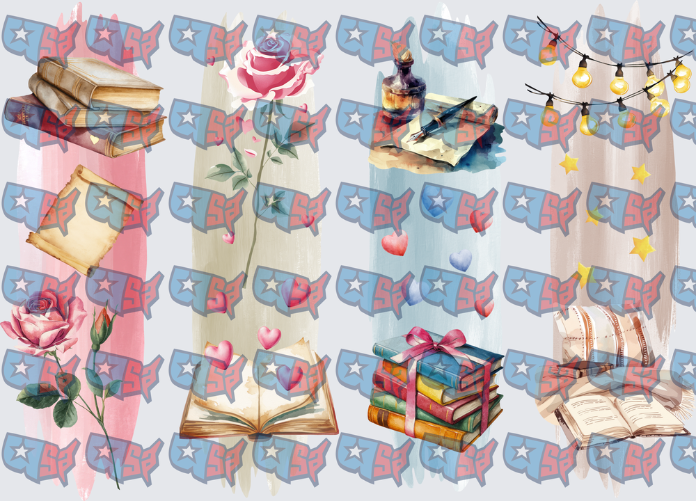Watercolor Books Roses Ink Pen String Lights Panels (DTF)