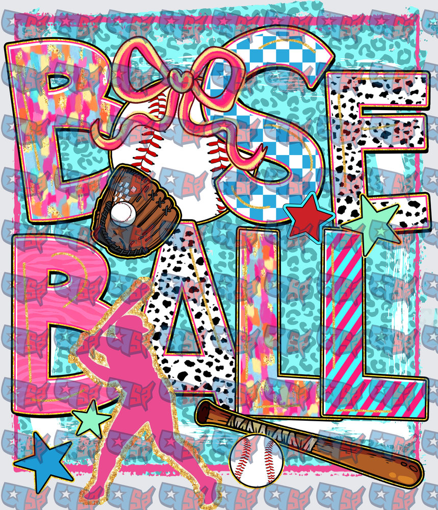 Girly Baseball Leopard Bow Glitter Letters Design (DTF)