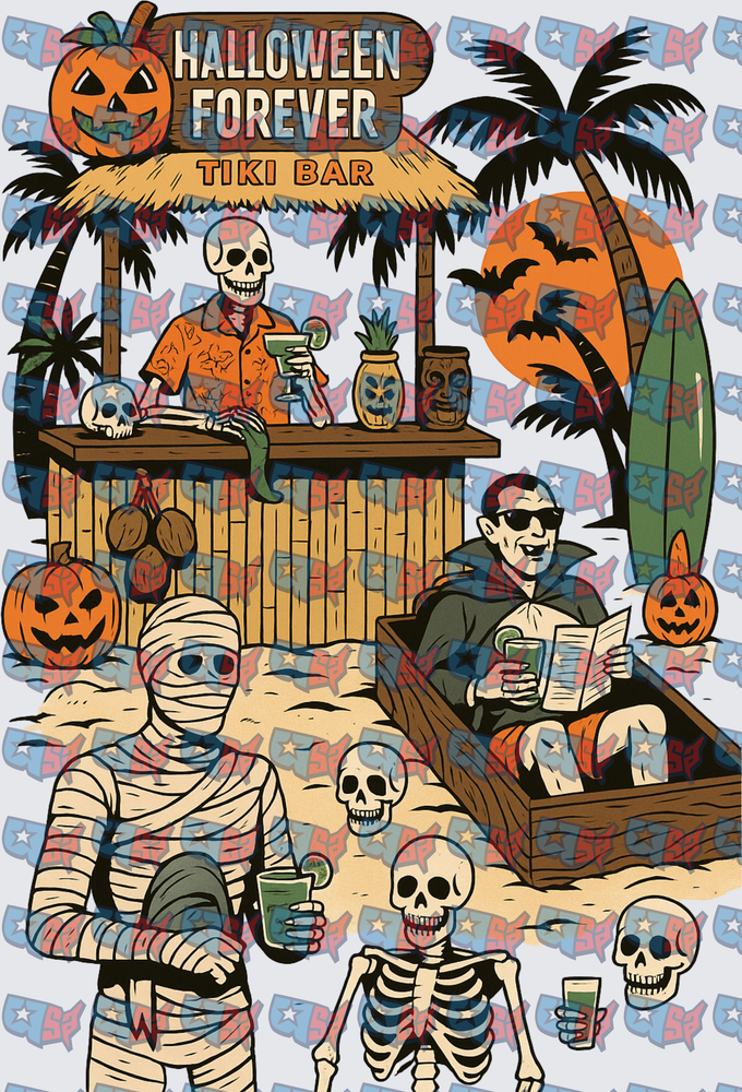 Halloween Forever Tiki Bar Monsters Beach Scene (DTF)