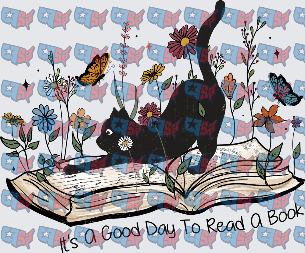 It's A Good Day To Read A Book Black Cat Wildflowers (DTF)