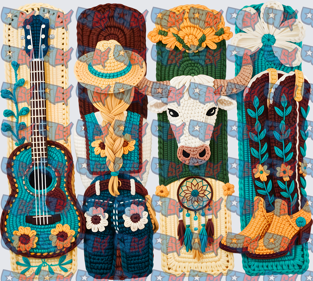 Boho Western Crochet Cowgirl Guitar Longhorn Boot Bundle (DTF)