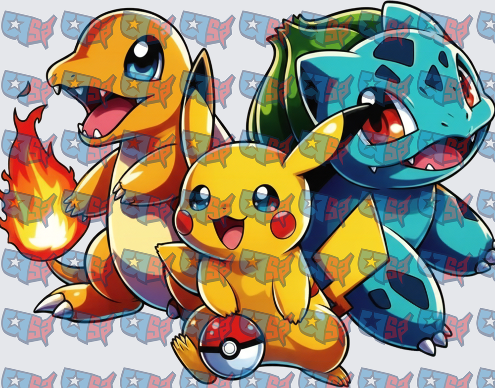 Pikachu Charmander Bulbasaur Trio With Pokeball (DTF)