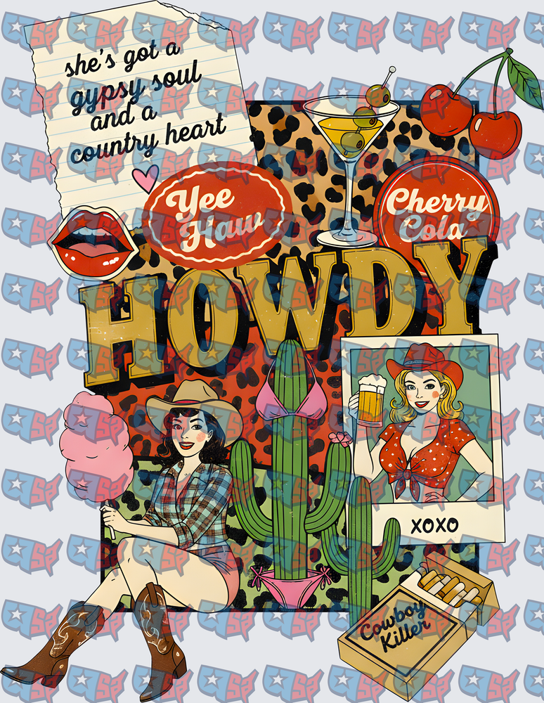 Howdy Retro Western Cowgirl Pin-Up Collage (DTF)