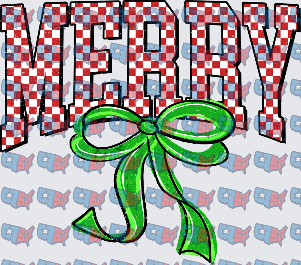 Merry Red Checkered Letters Green Bow (DTF)
