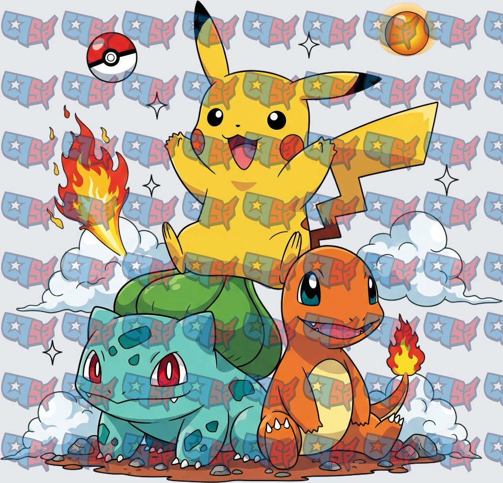 Pikachu Bulbasaur Charmander Trio With Pokeballs (DTF)