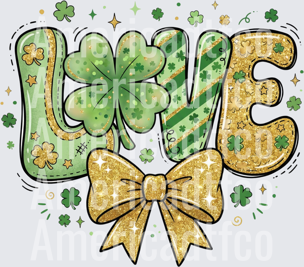 St Patrick's Day LOVE Shamrock Gold Glitter Bow (DTF)