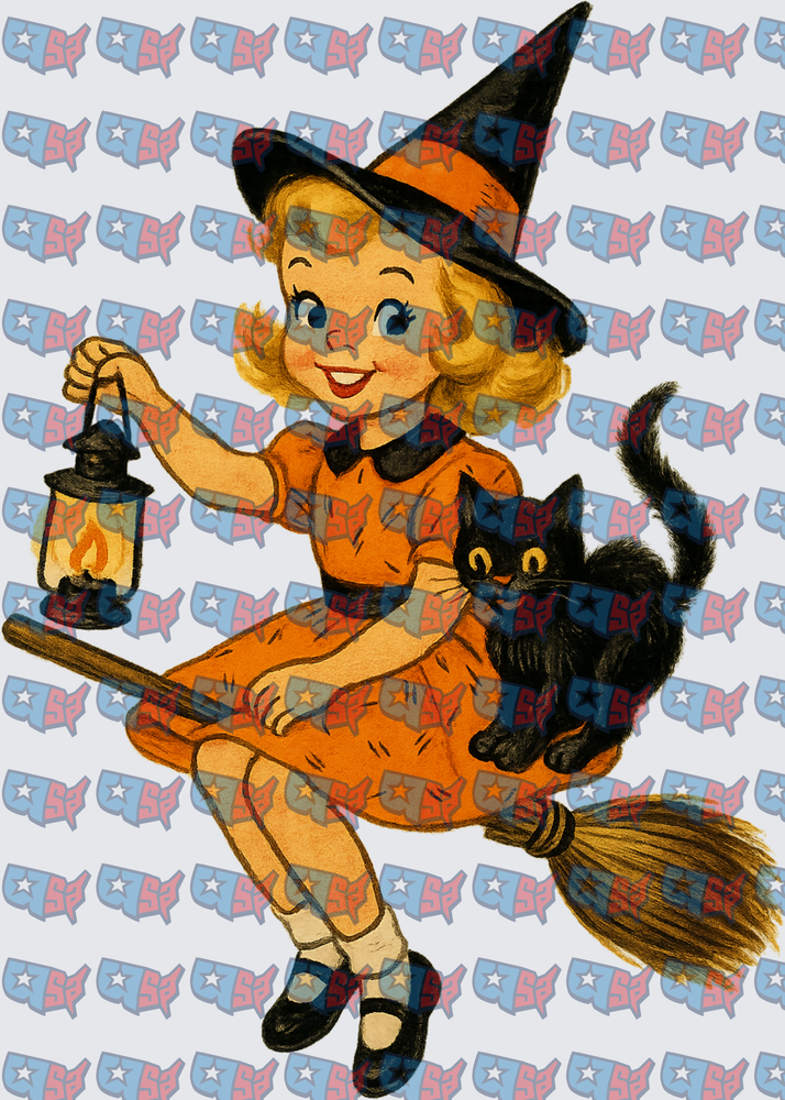 Retro Witch Girl Riding Broom With Black Cat (DTF)