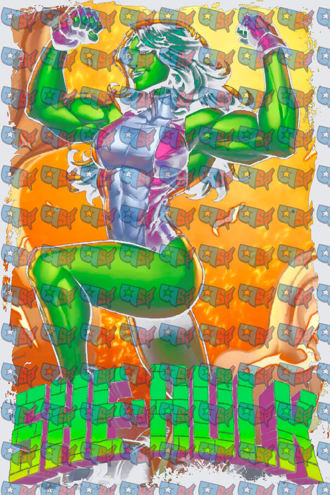 Powerful Green Female Superhero Flexing Muscles Fiery Background (DTF)