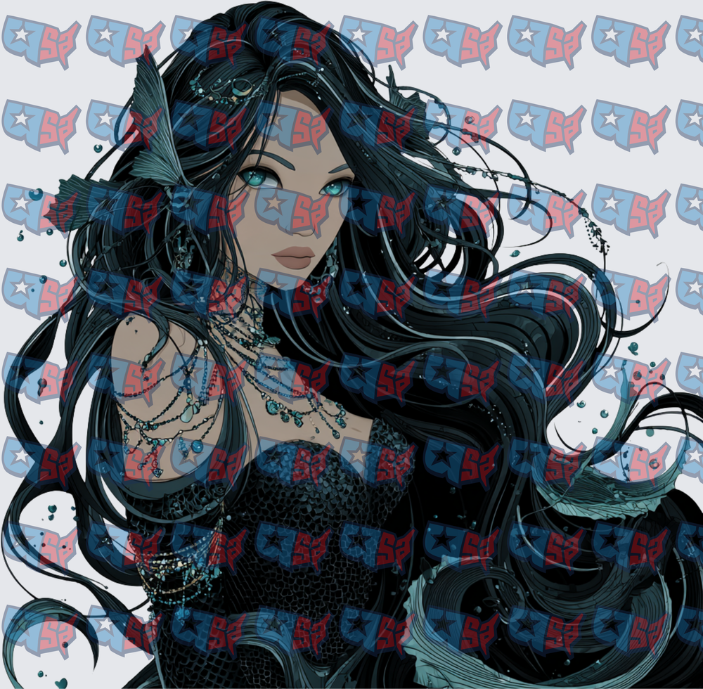 Dark Mermaid With Flowing Black Hair And Teal Eyes (DTF)